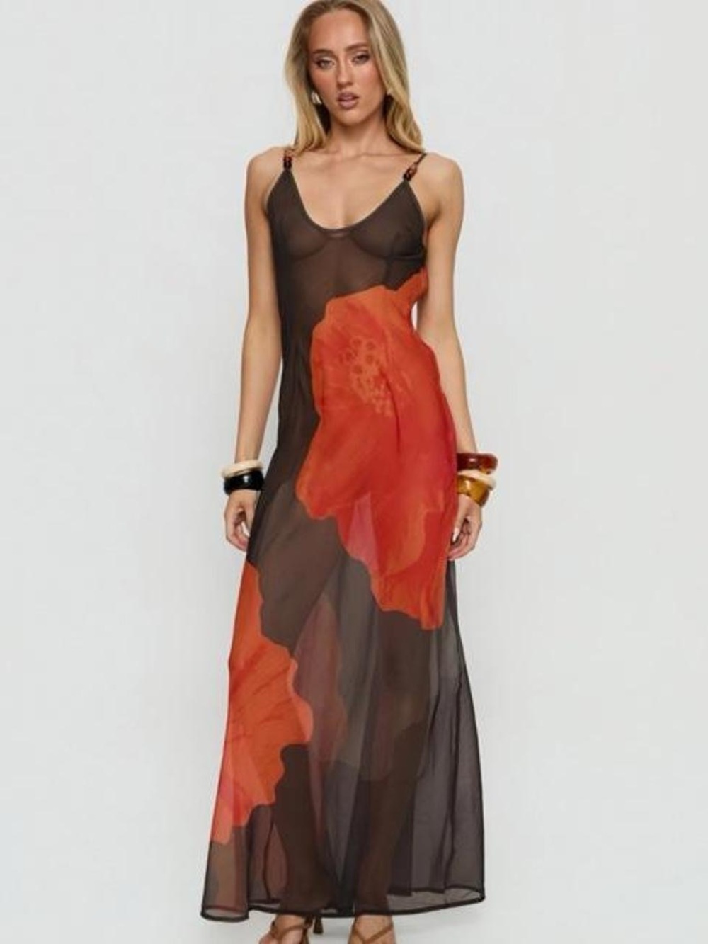 Princess Polly Black Sheer Maxi Dress with Bold Red Floral